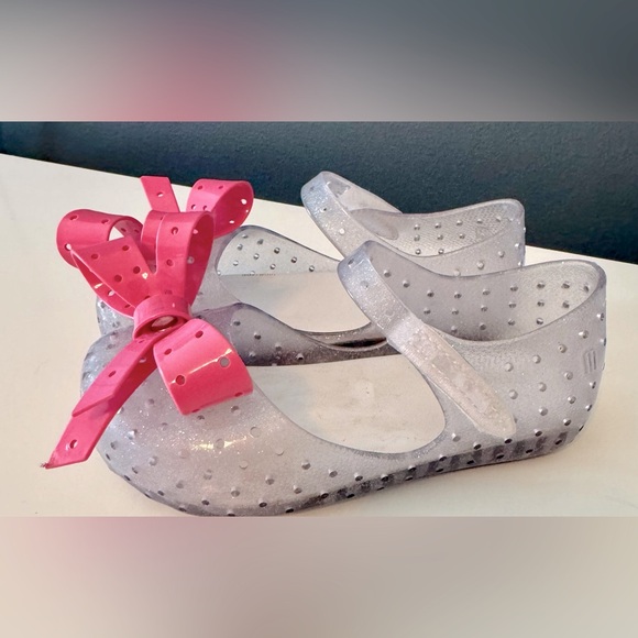 MINI MELISSA JELLY BOW FLATS Size 9 clear / silver pink bow sparkly mary jane - Picture 3 of 4